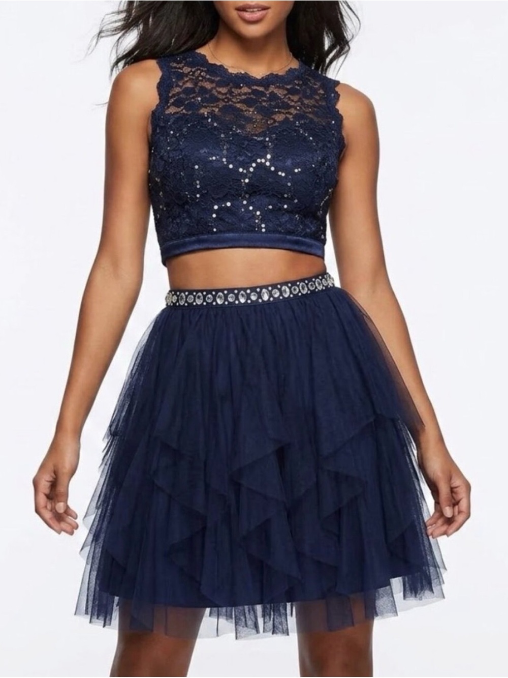 Navy Lace Two-Piece Homecoming Dress